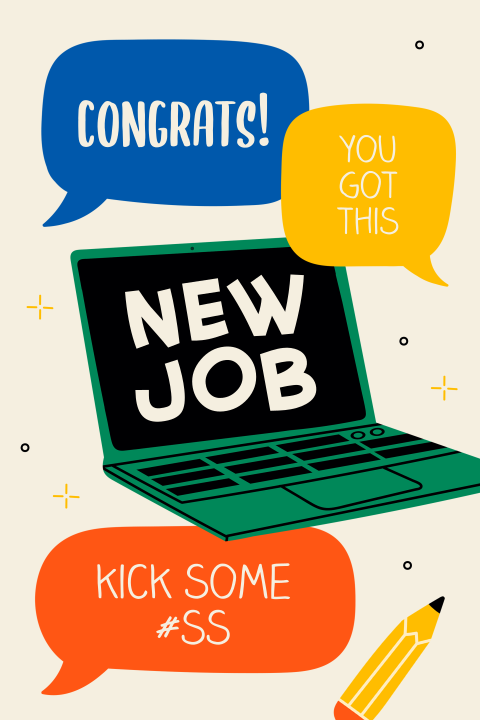 Wenskaart new job met laptop en tekstballonnen