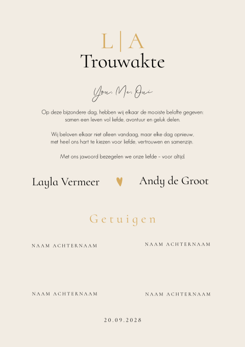 Trouwakte bruiloft met initialen