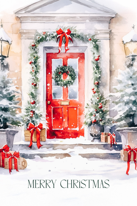 Winterse aquarel kerstkaart in nostalgische sfeer