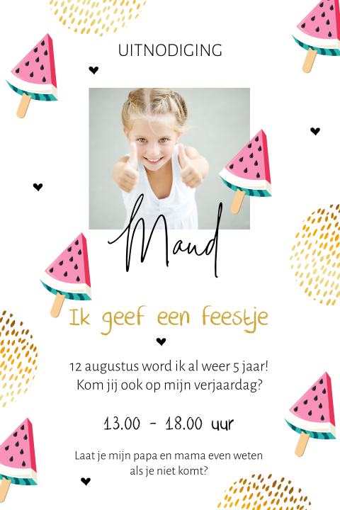 Hippe verjaardagsuitnodiging met meloen ijsjes en eigen foto