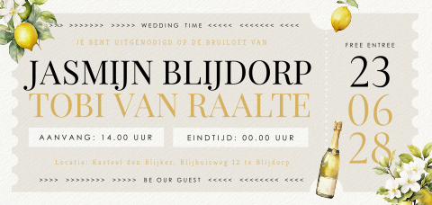 Zomerse ticket trouwkaart met citroenen en champagne