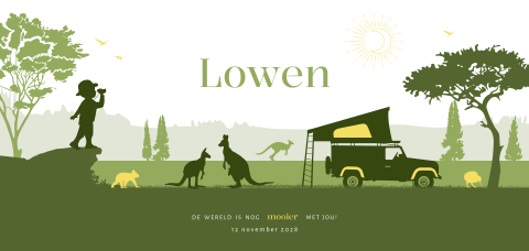 Avontuurlijk geboortekaartje voor een jongen met kangoeroe en silhouet