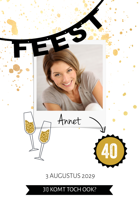 Verjaardagskaart met foto slingers en champagne