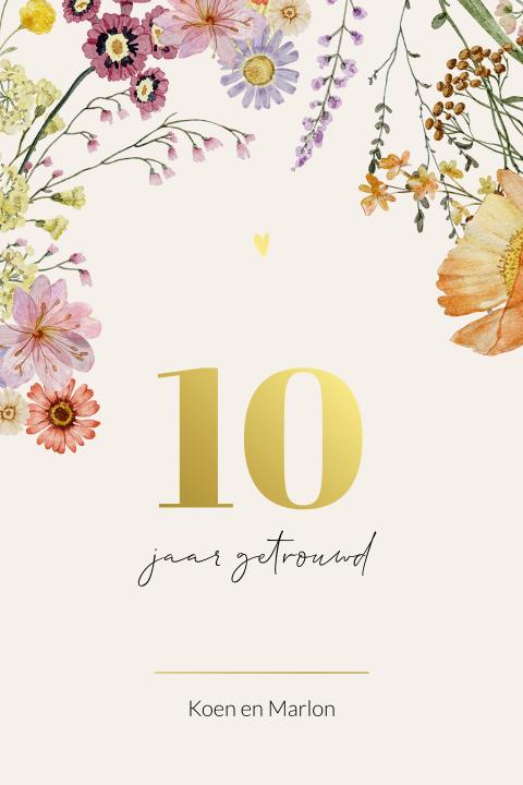 Luxe jubileumuitnodiging 10 jaar getrouwd met kleurrijke bloemen
