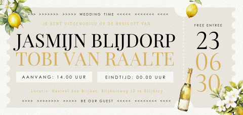 Zomerse ticket trouwkaart met citroenen en champagne