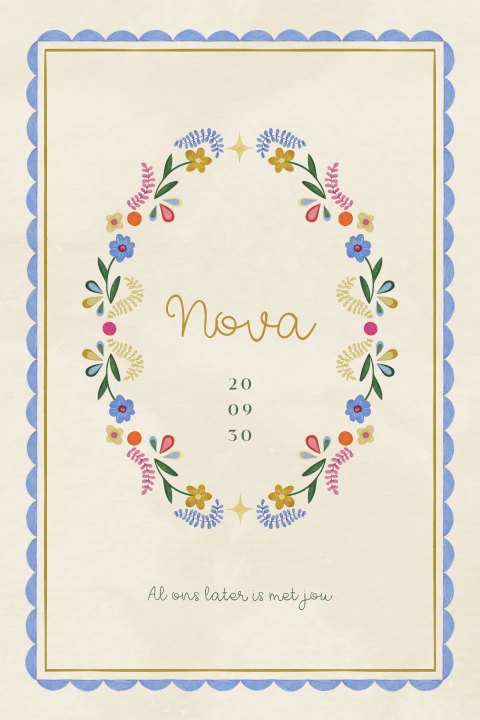 Geboortekaartje boho voor een meisje met bloemen en kader