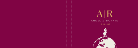 Gastenboek bruiloft met initialen en silhouet op wereldbol