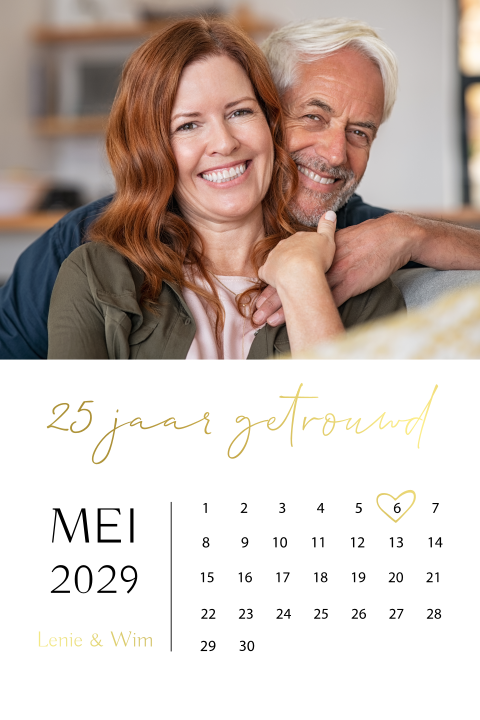 Jubileumuitnodiging 25 jaar getrouwd met foliedruk, foto en kalender