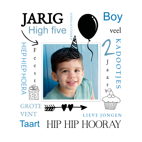 Verjaardagskaart jongen met foto, teksten en feestelijke tekeningen