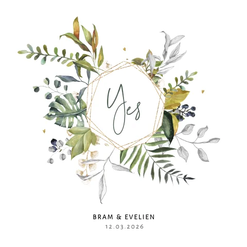 Bloemen trouwkaart met gouden kader en Yes