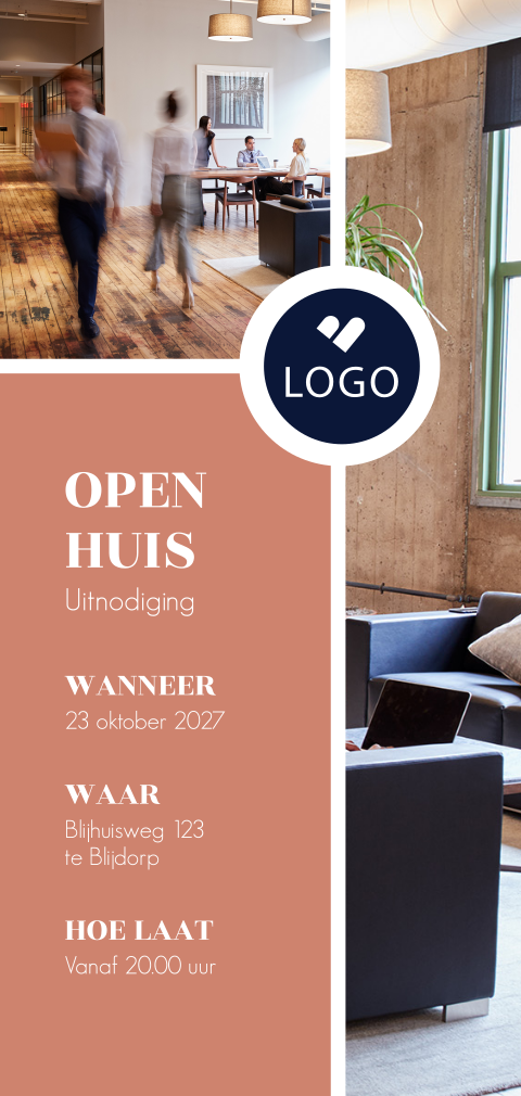 Strakke zakelijke uitnodiging met foto's en eigen logo