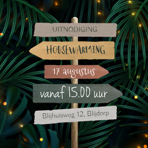 Botanische uitnodiging voor een housewarming met houten wegwijzers