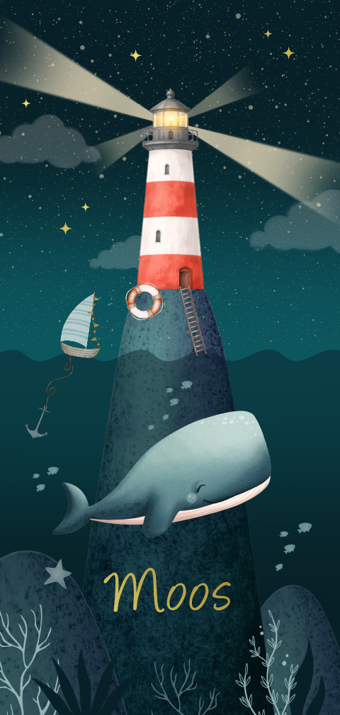 Stoer geboortekaartje voor een jongen met walvis en vuurtoren