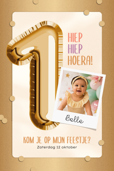 Kinderfeest 1 jaar uitnodiging met cijferballon, confetti en eigen foto