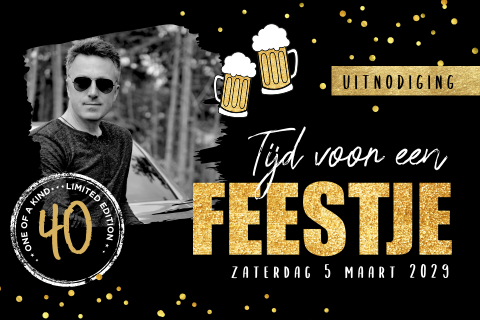 Stoere limited edition uitnodiging 40 jaar met foto en bier