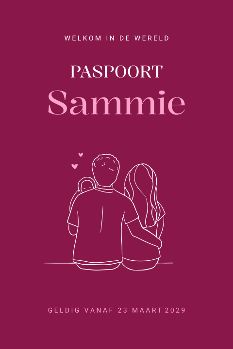 Paspoort geboortekaartje voor een meisje met lijntekening gezin