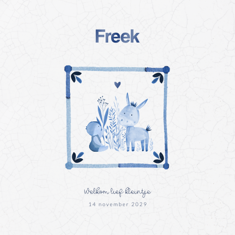 Oud Hollands geboortekaartje voor een jongen met Delfts blauw tegeltje