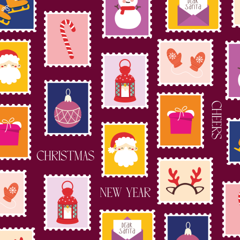 Postzegel kerstkaart met allerlei vrolijke kerst illustraties