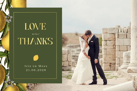 Bedankkaart trouwen mediterraans citroenen, eigen foto en foliedruk