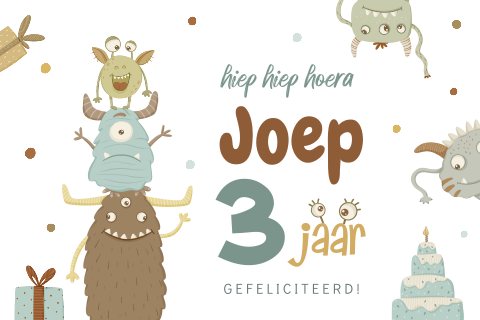Kaart gefeliciteerd kind met monsters, confetti en cadeautjes