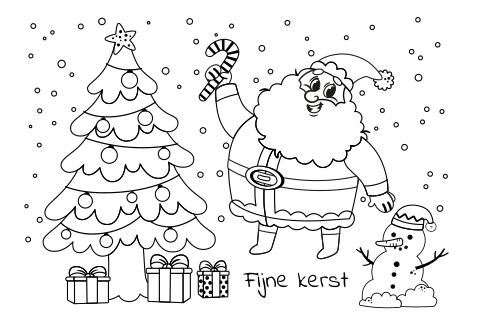 Kerstkaart kleurplaat zelf inkleuren met kerstman en kerstboom