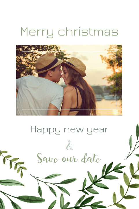 Stijlvolle Save the Date kerstkaart met botanische takjes