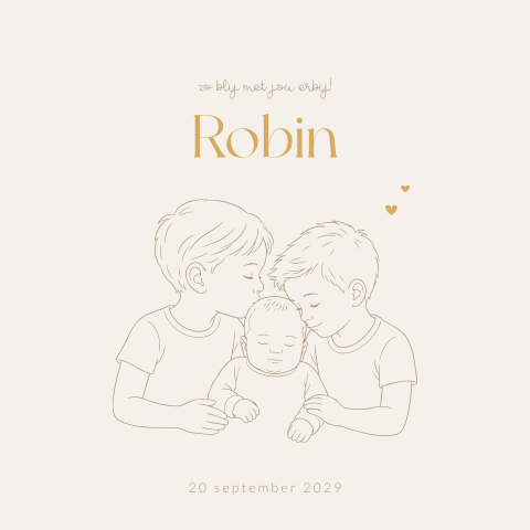 Lijntekening geboortekaartje unisex met twee broertjes en baby