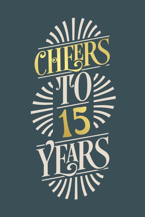 Retro uitnodiging zakelijk 15 jaar bestaan met goudfolie en logo