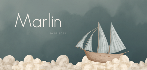 Stoer geboortekaartje voor een jongen met vliegend schip