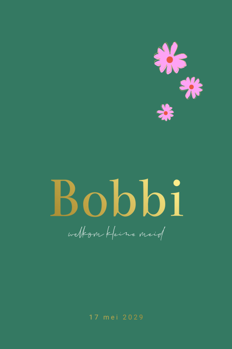 Vrolijk gekleurd meisjeskaartje met bloempjes en goudfolie