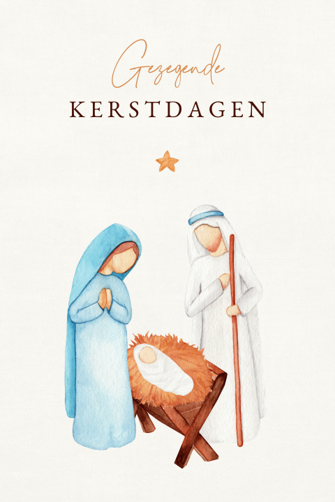 Christelijke kerstkaart met Jozef, Maria en kribbe met kindeke Jezus