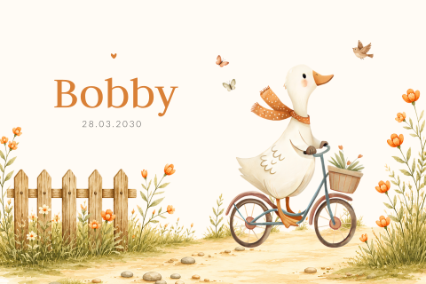 Unisex geboortekaartje met gans op fiets tussen de bloemen