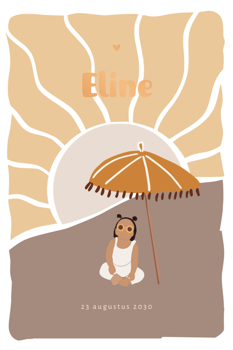 Zomers geboortekaartje met illustratie meisje op strand met zon