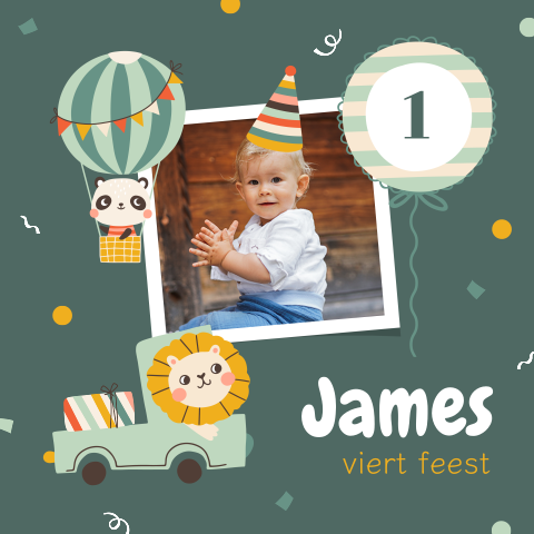 Kinderfeest 1 jaar uitnodiging met dieren, ballon en foto 