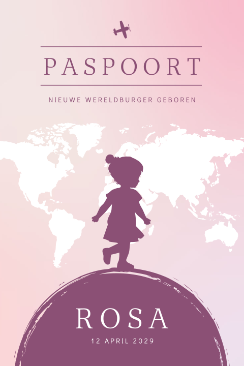 Silhouet geboortekaartje meisje in paspoort vorm met wereldbol