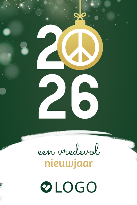 Zakelijke kerstkaart met kerstbal met peace teken, jaartal en logo