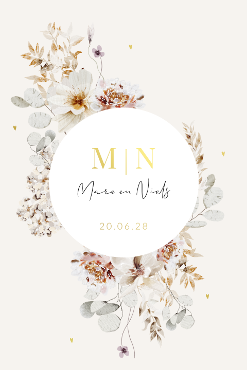 Romantische trouwkaart met wildflower bloemen en goudfolie hartjes