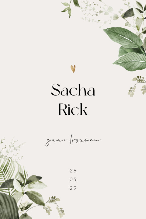 Botanische trouwkaart met bladeren en goud hartje