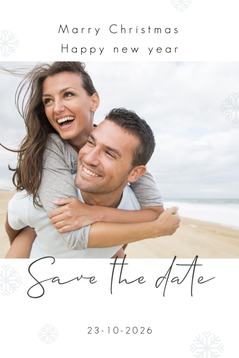 Stijlvolle Save the date kerstkaart met foto en sneeuwvlokjes