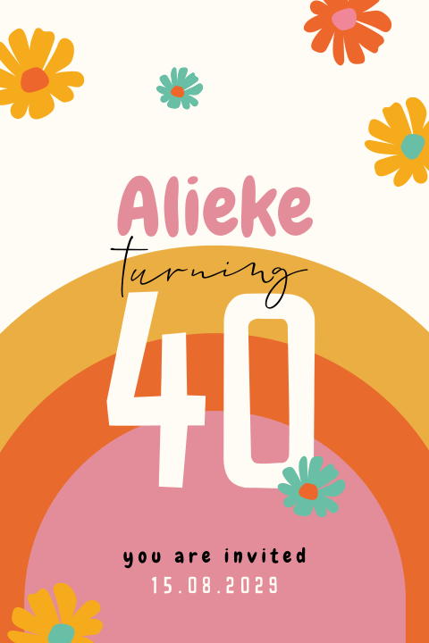 Kleurrijke verjaardag uitnodiging 40 jaar in Flower Power look