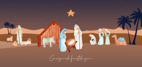 Christelijke kerstkaart met aquarel kerstverhaal van geboorte Jezus