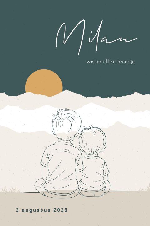 Lijntekening geboortekaartje jongen met broertje, bergen en zon