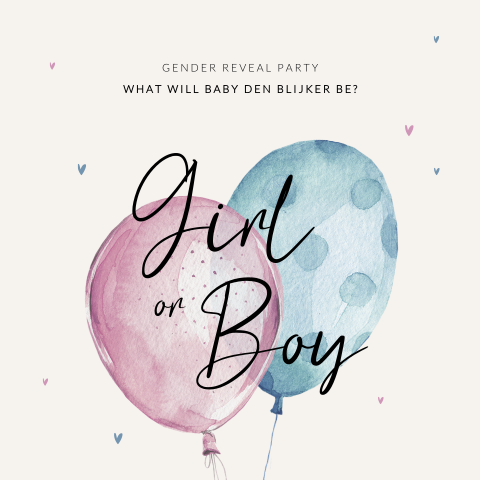 Gender reveal uitnodiging met aquarel ballonnen en hartjes