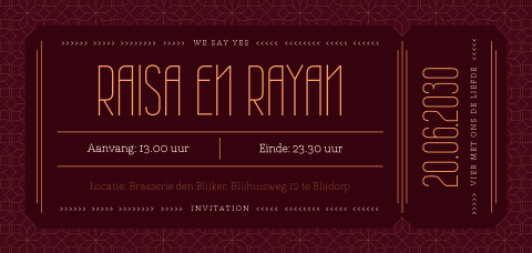 Ticket trouwkaart met art deco bloemen patroon