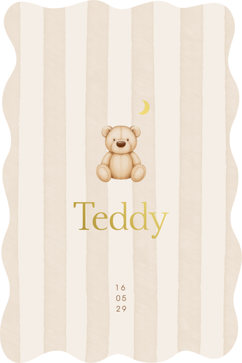 Unisex geboortekaartje met knuffelbeertje, maan en foliedruk