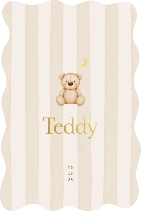 Unisex geboortekaartje met knuffelbeertje, maan en foliedruk