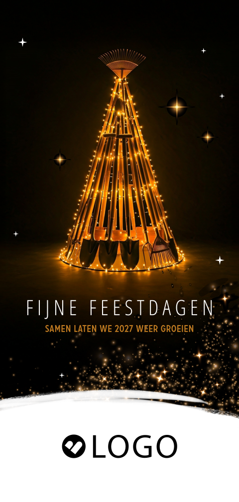 Zakelijke kerstkaart met kerstboom van tuingereedschap en logo