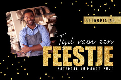 Feestelijke zakelijke uitnodiging met foto en gouden glitters