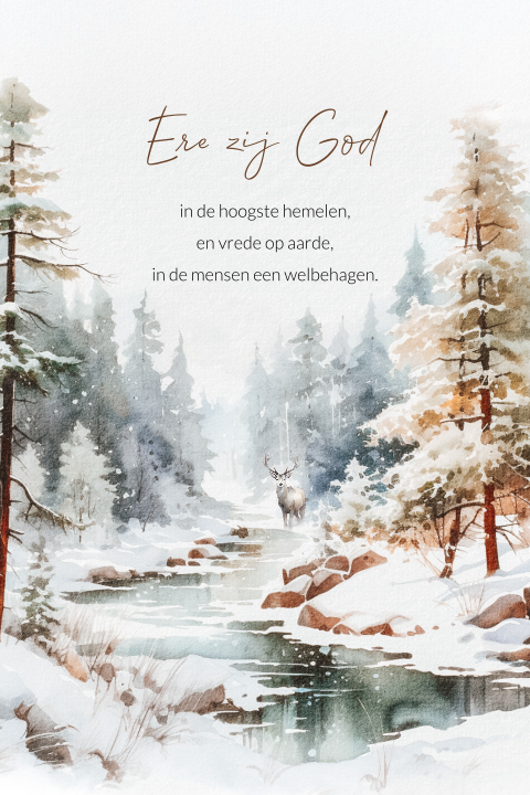 Christelijke kerstkaart met winter landschap rendier