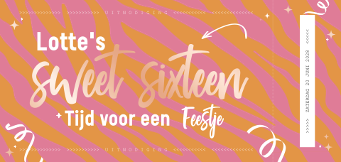 Kleurrijke uitnodiging in de vorm van een ticket voor 16 jaar feestje